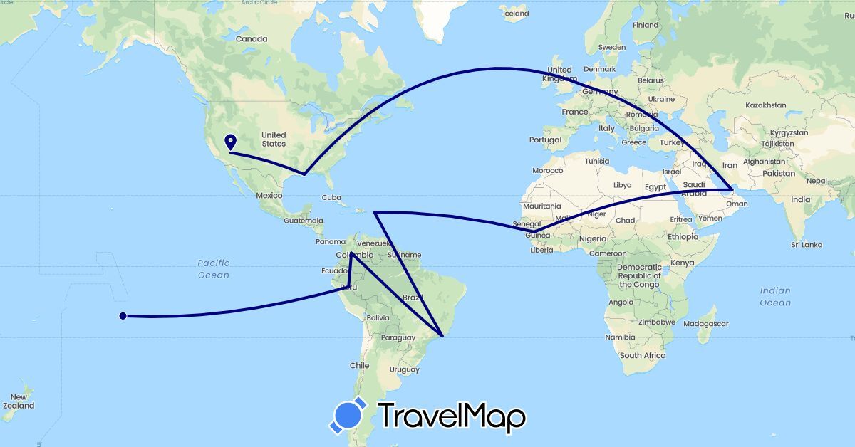 TravelMap itinerary: driving in United Arab Emirates, Brazil, Colombia, France, Guinea, Netherlands, Peru, United States (Africa, Asia, Europe, North America, South America)